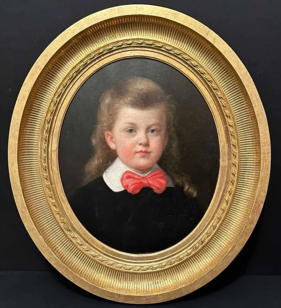 Tableau : Portrait de jeune fille au nœud rouge XIXème